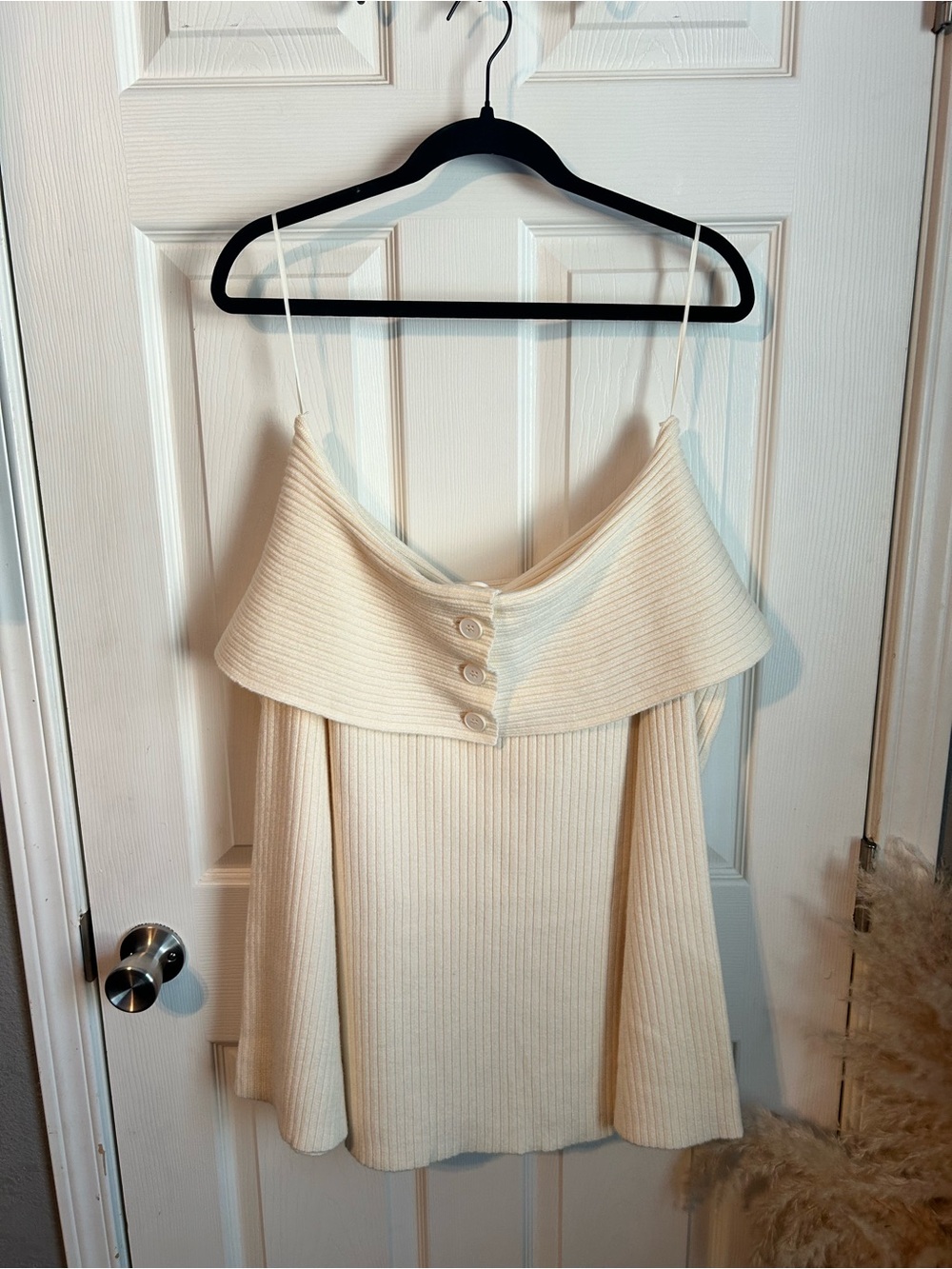 Off-Shoulder Ribbed Knit Sweater - Cream - Picture 7 of 9